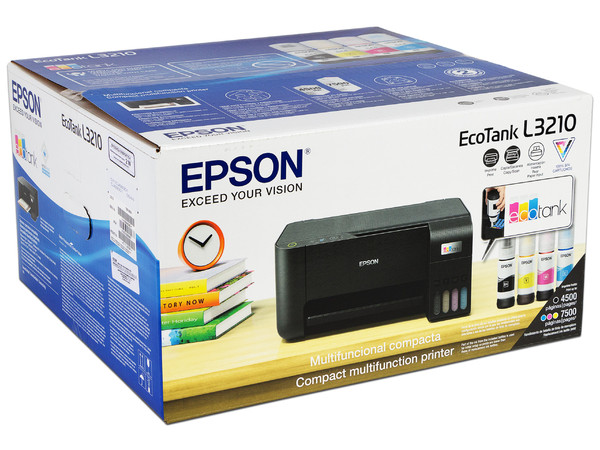 Multifuncional Epson EcoTank L3210, Impresora, Copiadora y Escáner, Sistema de Tanques de Tinta, USB. Caja Abierta, producto con desgaste y uso visible.
