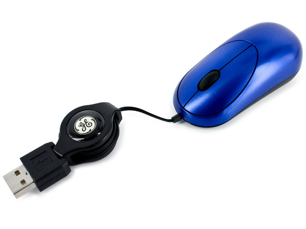 Ultra Mini Mouse General Electric Óptico,  cable retráctil USB. Color Azul