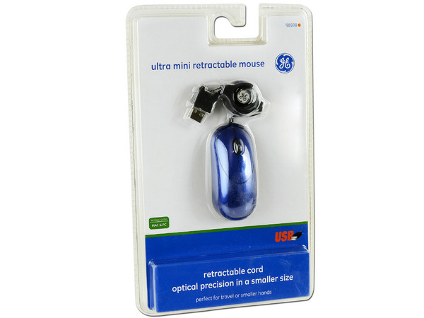 Ultra Mini Mouse General Electric Óptico,  cable retráctil USB. Color Azul