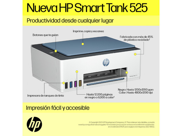 Multifuncional HP Smart Tank 525 con Sistema de Tanques de Tinta, Impresora, Copiadora y Escáner, USB. (Caja abierta)