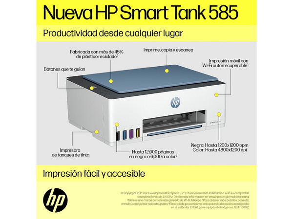 Multifuncional HP Smart Tank 585 con Sistema de Tanques de Tinta, Impresora, Copiadora y Escáner, Wi-Fi, Bluetooth, USB. (Caja abierta, uso visible)