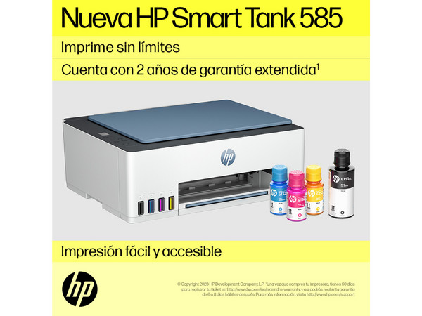 Multifuncional HP Smart Tank 585 con Sistema de Tanques de Tinta, Impresora, Copiadora y Escáner, Wi-Fi, Bluetooth, USB. (Reparado)