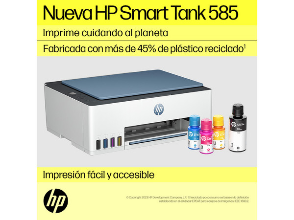 Multifuncional HP Smart Tank 585 con Sistema de Tanques de Tinta, Impresora, Copiadora y Escáner, Wi-Fi, Bluetooth, USB. (Reparado)