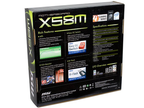 T. Madre MSI X58M, ChipSet Intel X58,
Soporta: Core i7 de Socket 1366,
Integrado: Audio HD, Red 10/100/1000,
Memoria: DDR3 1333(O.C.)/1066MHz, 24GBMax,
Diseño: mATX, Ptos: 2xPCEx16, 1xPCIEx1, 1xPCI