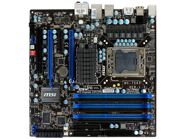 T. Madre MSI X58M, ChipSet Intel X58,
Soporta: Core i7 de Socket 1366,
Integrado: Audio HD, Red 10/100/1000,
Memoria: DDR3 1333(O.C.)/1066MHz, 24GBMax,
Diseño: mATX, Ptos: 2xPCEx16, 1xPCIEx1, 1xPCI