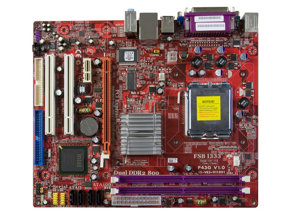 T. Madre PCCHIPS P43G (V1.0), ChipSet Intel G31 y ICH7,
Soporta: Cel.400, DualCore/Duo/Quad, 1333/1066/800MHz,
Memoria: DDR2 800/667, 2 Bancos, 4GB Max,
Integrado: Audio 5.1, Red 10/100, Video Intel,
Diseño: MicroATX, Ptos: 1xPCEx16, 1xPCE, 2xPCI