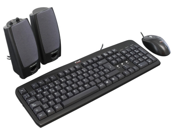 KIT TrueBasix/Acteck de Teclado, Mouse Óptico y Bocinas. Color Negro
