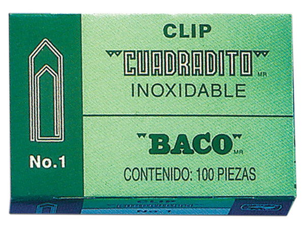 Clip Cuadrito Baco No. 1, Niquelado. Caja Plegadiza con 100 Clips, Fabricado en Níquel.