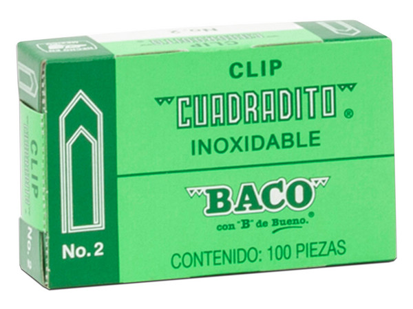 Clip Cuadrito Baco No. 2, Niquelado. Caja Plegadiza con 100 Clips, Fabricado en Níquel.
