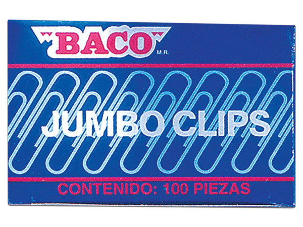 Clip Jumbo Baco Zincado/Tropicalizado. Paquete con 1 Caja de 100 Piezas, Material de Níquel, Color Plata.