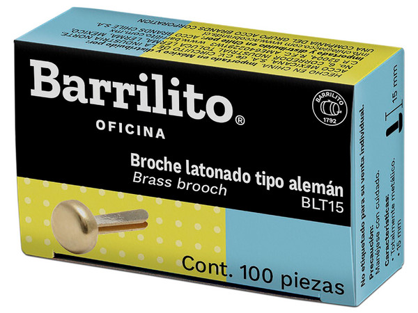 Broche Latonado Barrilito, Tipo Alemán, 15mm, Caja con 100 Piezas.