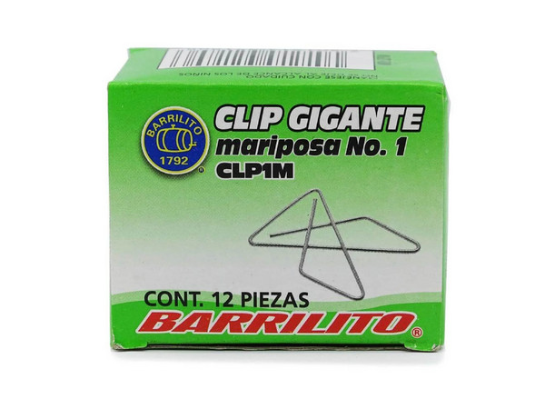 Clip Gigante Mariposa Barrilito No. 1, Caja con 12 Piezas. Color Metálico.