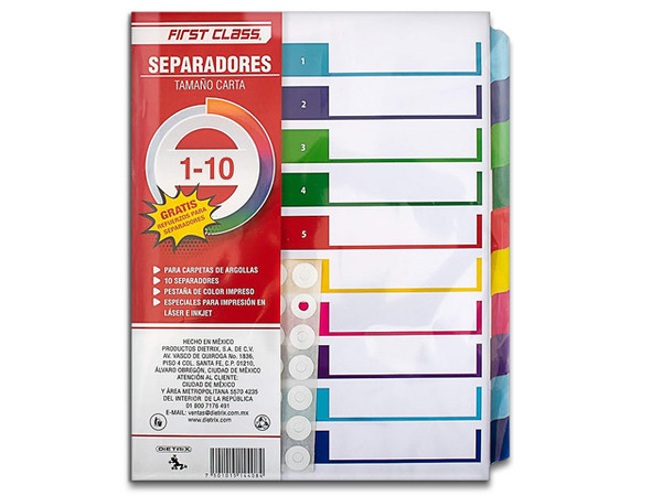 Separadores Numéricos, Dietrix, Carta, Del 1 Al 10, Pestañas De Color Con Números Impresos.