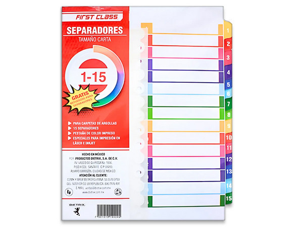 Separadores, Dietrix, Tamaño Carta, Del 1 Al 15, Pestañas De Color.