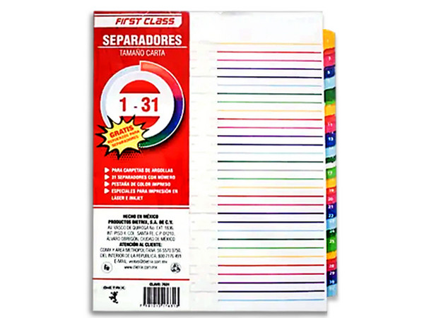 Separadores, Dietrix, Tamaño Carta, Del 1 Al 31, Pestañas De Color, Impreso El Número.