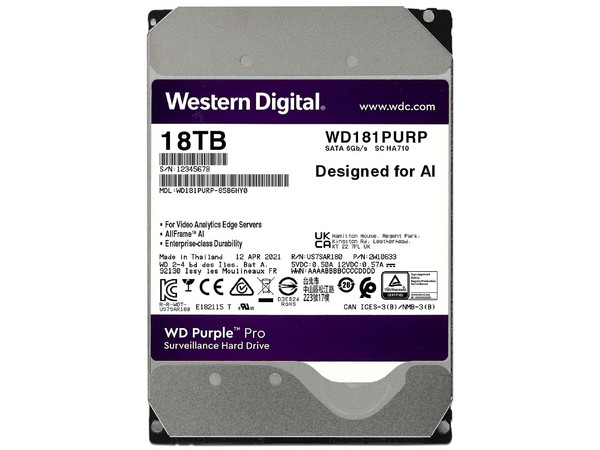 Disco Duro para Videovigilancia Western Digital Purple de 18 TB, 7200 RPM, SATA III (6.0 Gb/s).
