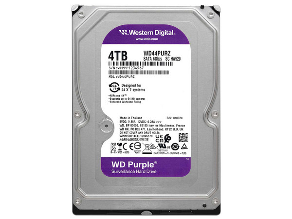 Disco Duro Western Digital Purple de 4TB, Para Videovigilancia, 5400 RPM, 128MB, SATA III (6.0 Gb/s).