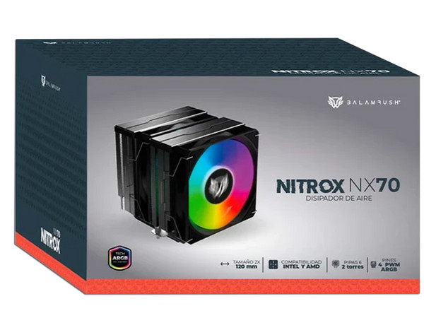 Disipador y Ventilador Balam Rush NITROX NX70, Soporta Socket LGA 1700, 1366, 775 y AMD AM4 y AM5, Color Negro.