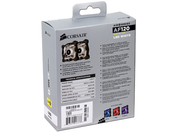 Paquete de 2 Ventiladores Corsair AF120 Quiet Edition, 120 mm, LED Blanco, 1500 RPM, 25.2 dBA.