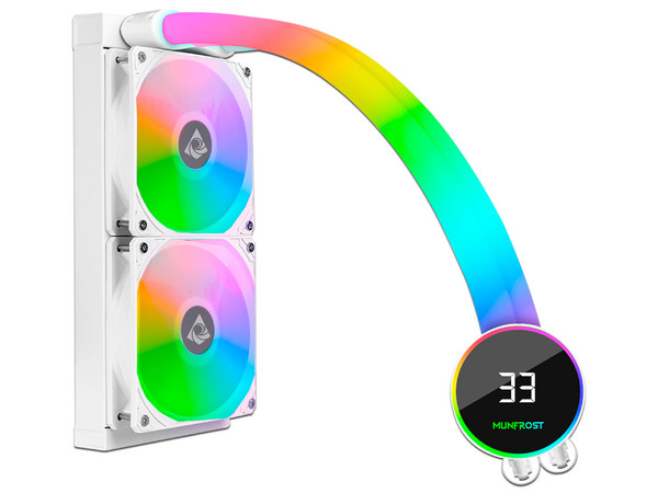 Sistema de Enfriamiento Líquido Munfrost Moon River de 240 mm, Velocidad de 2400 RPM, Iluminación ARGB, Pantalla Digital de Temperatura, Color Blanco.