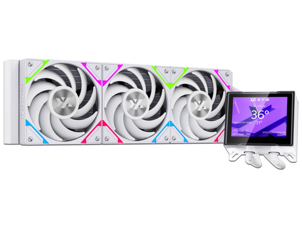Sistema de Enfriamiento Líquido XYZ HydroView AIO de 360 mm, Velocidad de 2500 RPM, Iluminación ARGB, Pantalla Digital. Color Blanco.