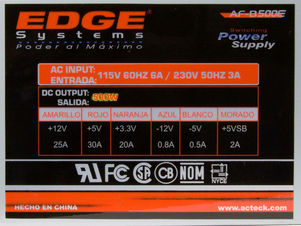 Fuente de Poder Acteck EDGE Gris ventilador 120mm de 500W