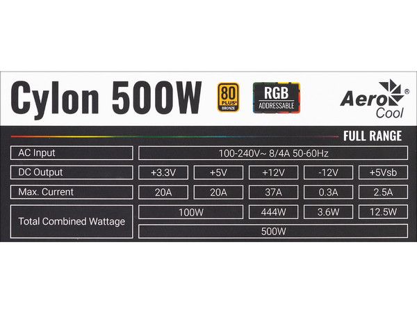 Fuente de Poder AeroCool Cylon RGB de 500W, ATX, 80 PLUS Bronze.