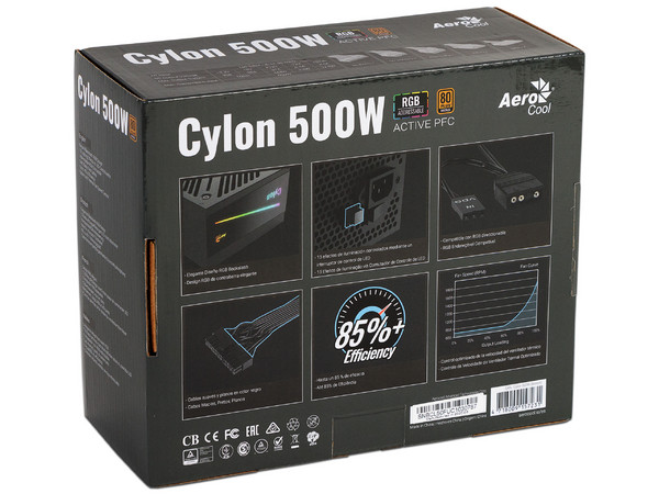 Fuente de Poder AeroCool Cylon RGB de 500W, ATX, 80 PLUS Bronze.