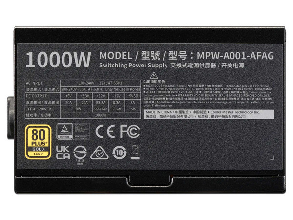 Fuente de Poder COOLER MASTER Elite Gold 1000 FM MPW-A001-AFAG-BUS de 1000W, Certificación 80 Plus Gold, Cableado Modular.