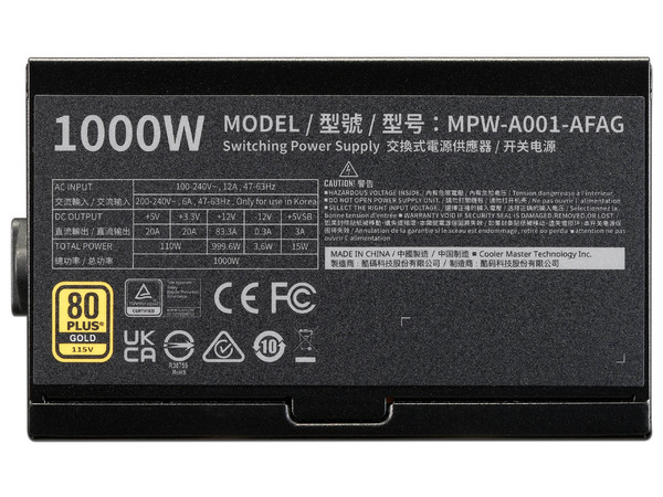 Fuente de Poder Modular Cooler Master Elite Gold 1000 de 1000W, 80 Plus Gold, ATX 3.1. Color Negro.