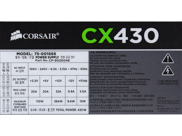 Fuente de Poder Corsair CX430 de 430W, ATX, 80 PLUS BRONZE.