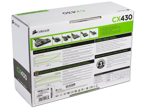 Fuente de Poder Corsair CX430 de 430W, ATX, 80 PLUS BRONZE.