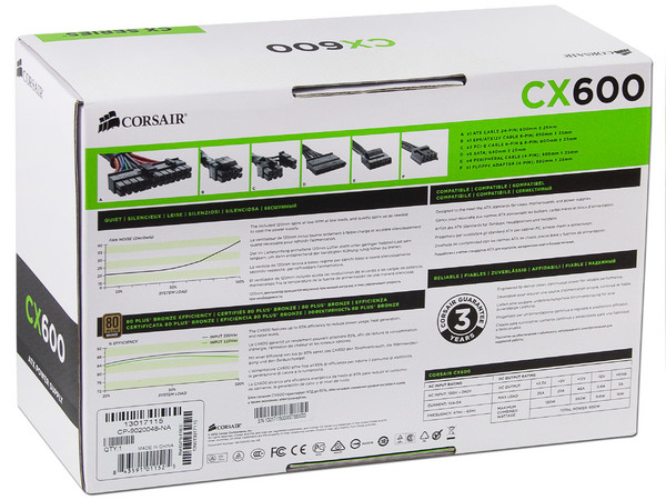 Fuente de Poder Corsair CX600 de 600W,  ATX, 80 PLUS BRONZE.