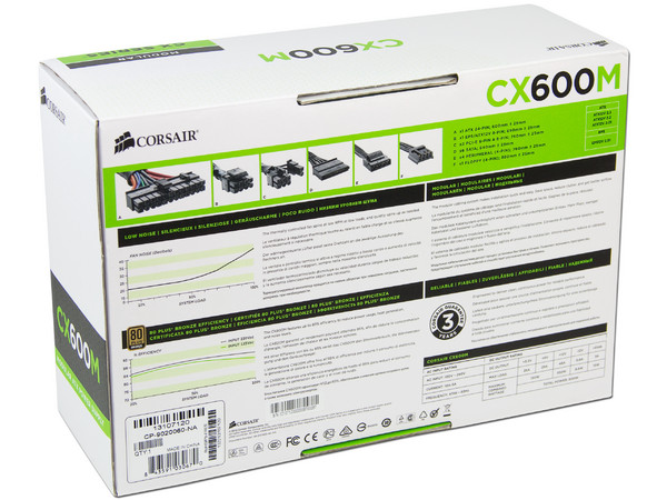 Fuente de Poder Corsair CX600M de 600W, ATX, 80 PLUS BRONZE.