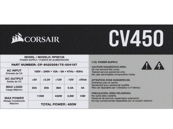 Fuente de Poder Corsair CV450 de 450W, ATX, 80 PLUS Bronze.