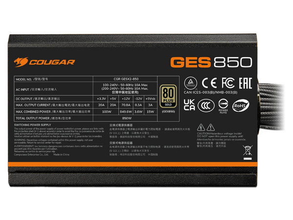 Fuente de Poder Cougar GES 850 de 850W, ATX 3.1, SATA, PCI-E 5.1, 80 PLUS GOLD, Color Negro.