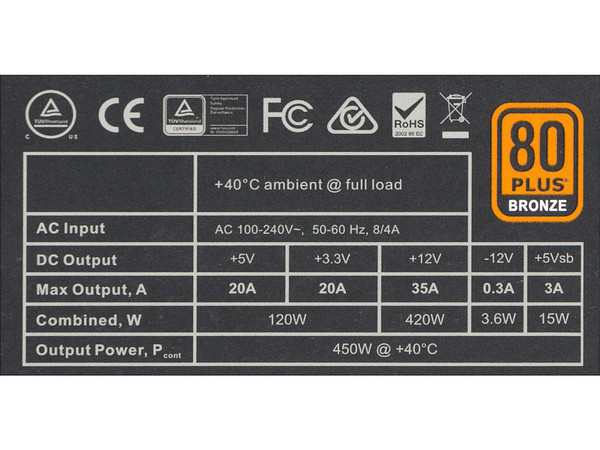 Fuente de Poder EVGA 450B de 450W, ATX, 80 PLUS BRONZE.