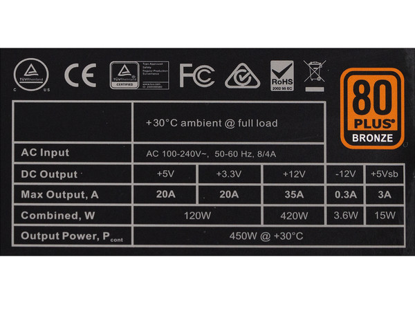 Fuente de Poder EVGA Power Supply de 450W, 80 PLUS Bronze.