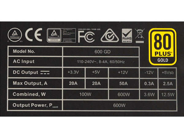 Fuente de Poder EVGA 600 GD de 600W, ATX, 80 PLUS Gold.
