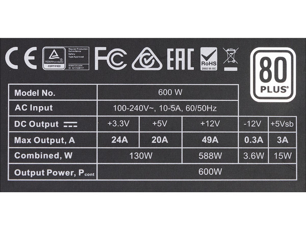 Fuente de Poder EVGA de 600W, ATX, 80 PLUS.