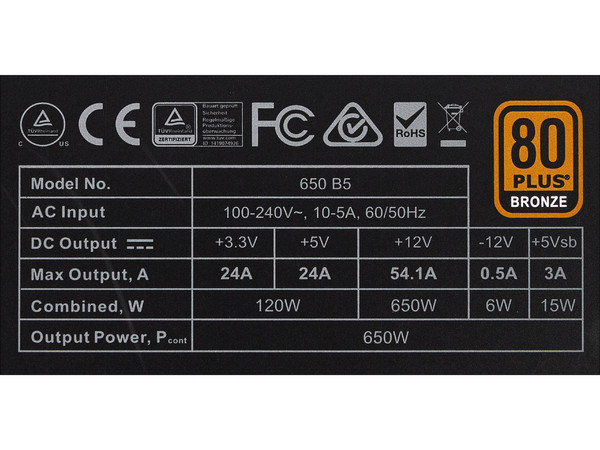 Fuente de Poder EVGA 650 B5 de 650W, Full Modular, ATX, 80 PLUS Bronze.