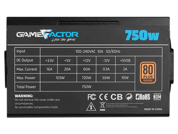 Fuente de Poder GAME FACTOR PSG750 de 750W, ATX, 80 Plus Bronze, Color Negro.