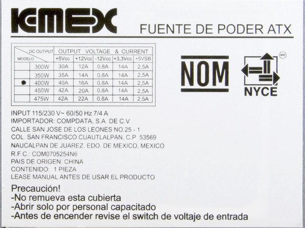 Fuente de Poder KMEX de 400W, para Gabinete ATX