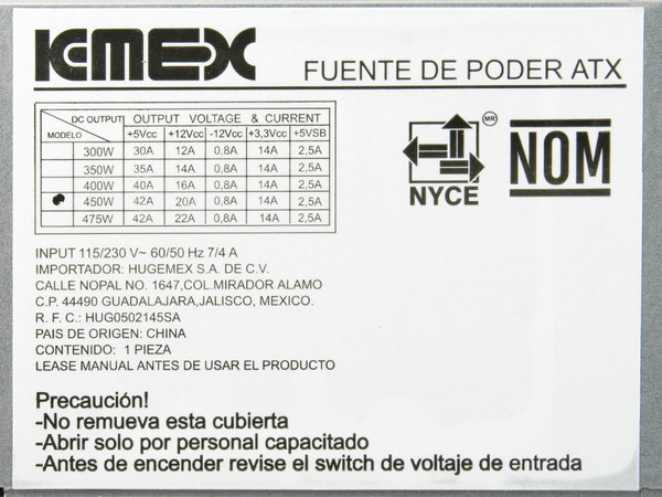 Fuente de Poder KMEX de 450W