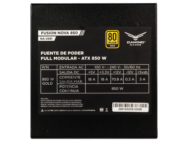 Fuente de Poder Gaming Naceb Fusión Nova 850 Gold de 850W, ATX 3.1, SATA, Molex, PCIE, 80 Plus Gold. Color Negro.