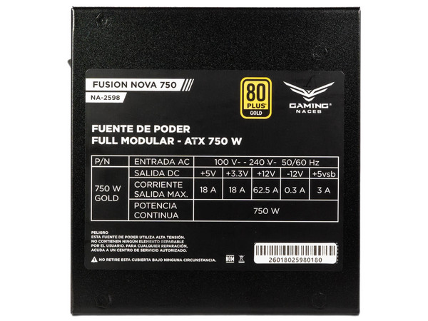 Fuente de Poder Gaming Naceb Fusión Nova 750 Gold de 750W, ATX 3.1, SATA, Molex, PCIE, 80 Plus Gold. Color Negro.