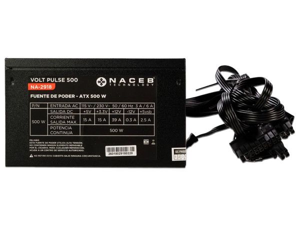 Fuente de Poder Naceb Volt Pulse 500 de 500W, ATX 2.3, SATA, IDE. Color Negro.