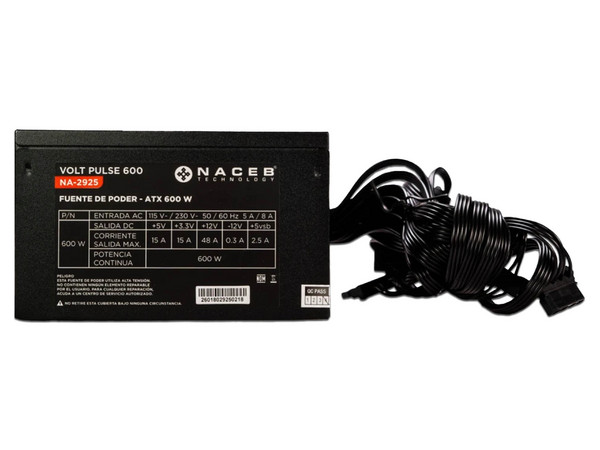 Fuente de Poder Naceb Volt Pulse 600 de 600W, ATX 2.3, SATA, IDE, PCIE. Color Negro.