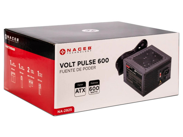 Fuente de Poder Naceb Volt Pulse 600 de 600W, ATX 2.3, SATA, IDE, PCIE. Color Negro.