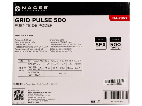 Fuente de Poder Naceb GrindPulse 500 de 500W, SFX, SATA, IDE. Color Negro.